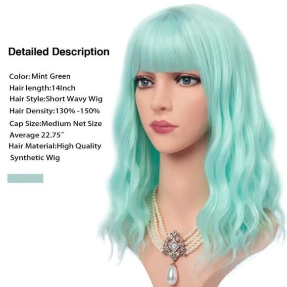 Mint Green Short Hair Wig with Bang - Picture 3 of 4